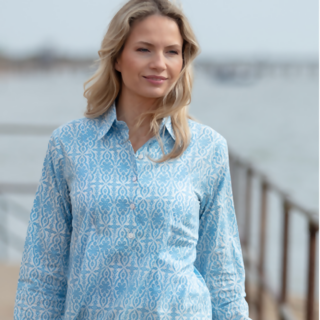 Cotton Mayfair Shirt in Baby Blue & White