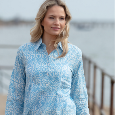 Cotton Mayfair Shirt in Baby Blue & White