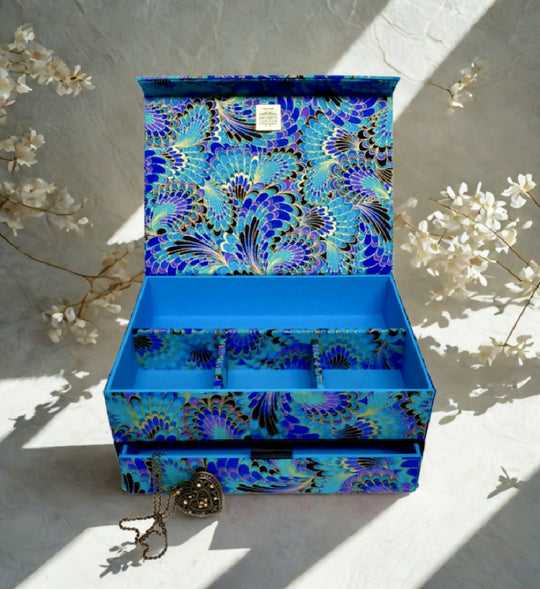 Handmade Golden Peacock Jewellery Box | Multipurpose Fabric Organiser with Magnetic Closure