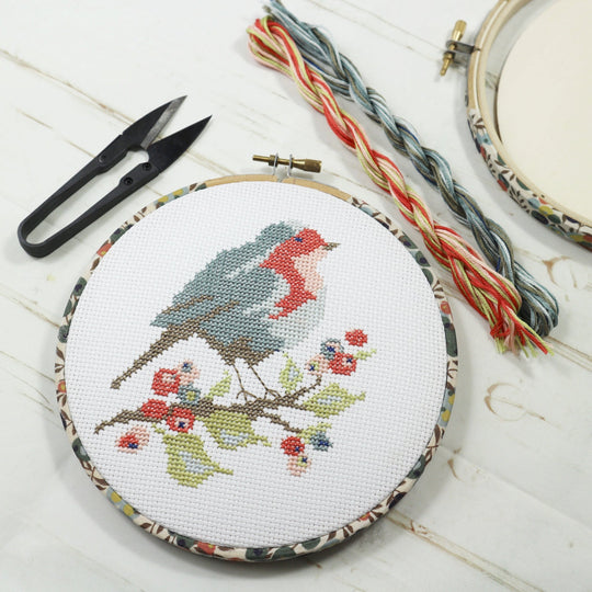 Robin and Berry, Cross Stitch Embroidery Hoop Wall Hanging Kit