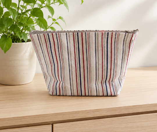 Handmade Fabric Washbag | Natural Fine Stripes White & Blue Design