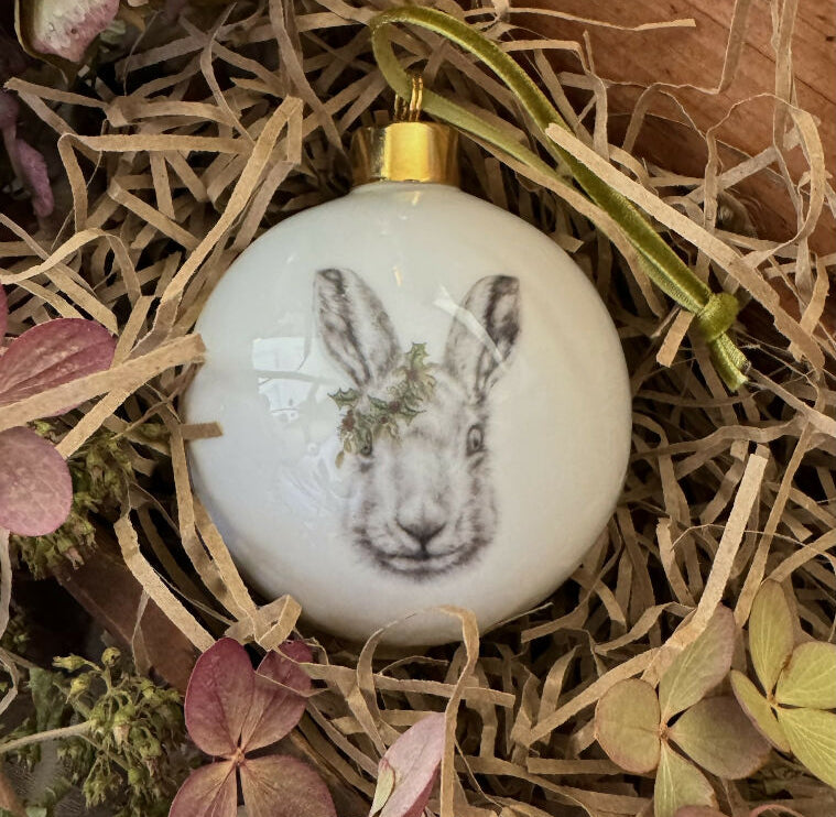 Fine Bone China Festive Hare Christmas Bauble Decoration