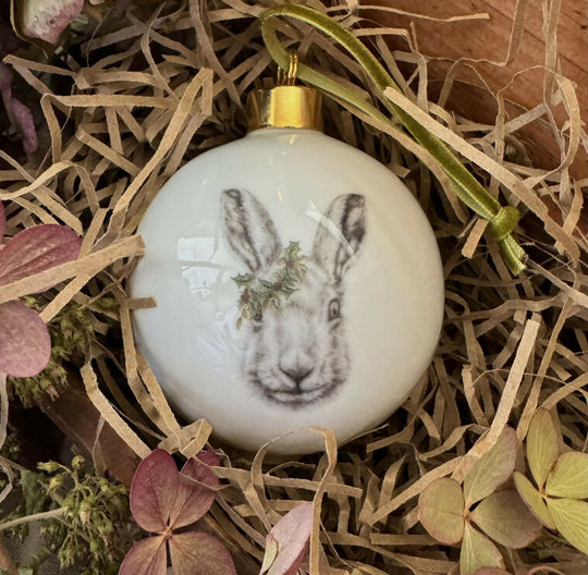 Fine Bone China Festive Hare Christmas Bauble Decoration