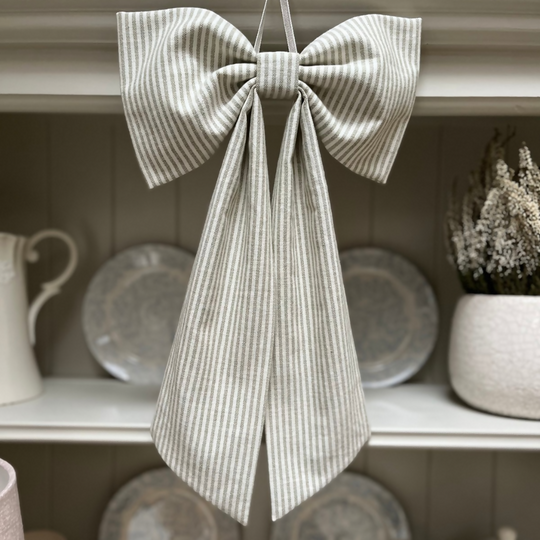 Decorative Bow in Olive Green Piping Stripe cotton by Susie Watson Designs