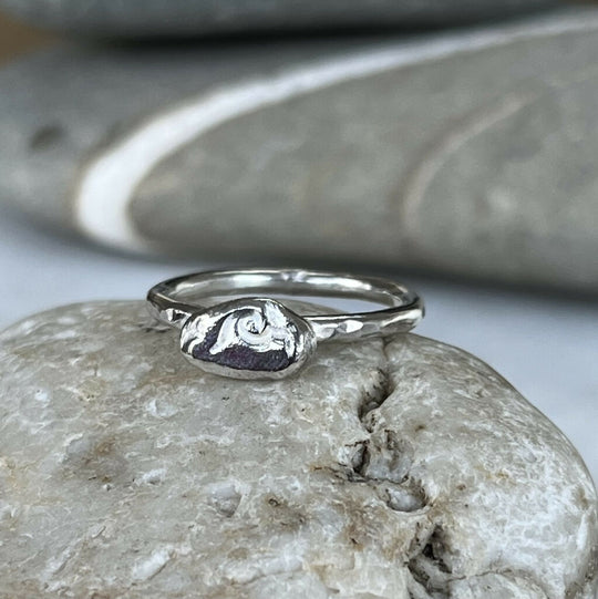 Recycled Silver Wave Ring - North Devon Coast Inspired Hammered Pebble Band Size N 1/2