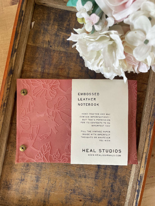 Embossed Rose Coloured Leather A6 Notebook with Metal Fastenings