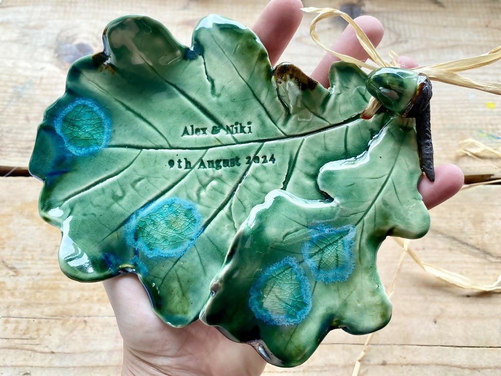 Double Oak leaf with acorn sculpture - Hand sculpted Personalised Ceramic Wall Hanging, wedding gift - MADE TO ORDER
