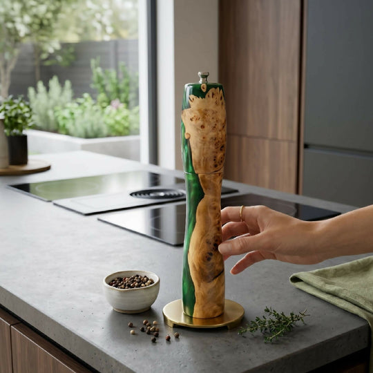 Handmade Mappa Burr and Forest Green Resin Pepper Mill (300mm) | Handmade Kitchen Gifts
