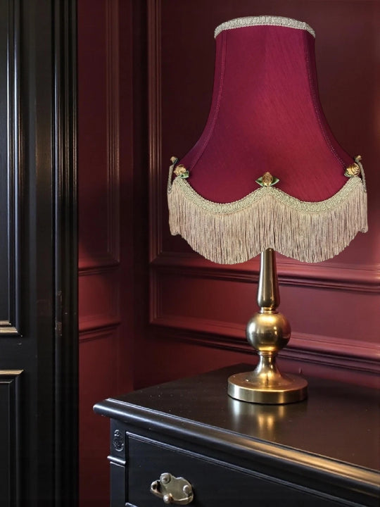 Traditional burgundy red fabric lampshades with gold rose buds - Available in 8 sizes