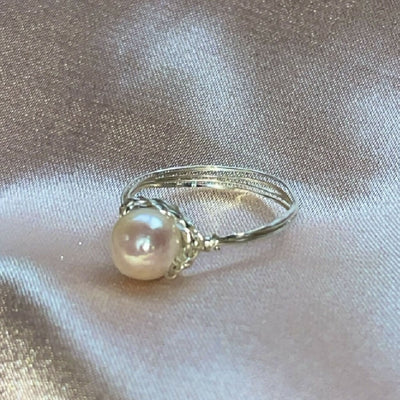 Dainty Freshwater Pearl Wire Wrapped Solid Silver Ring