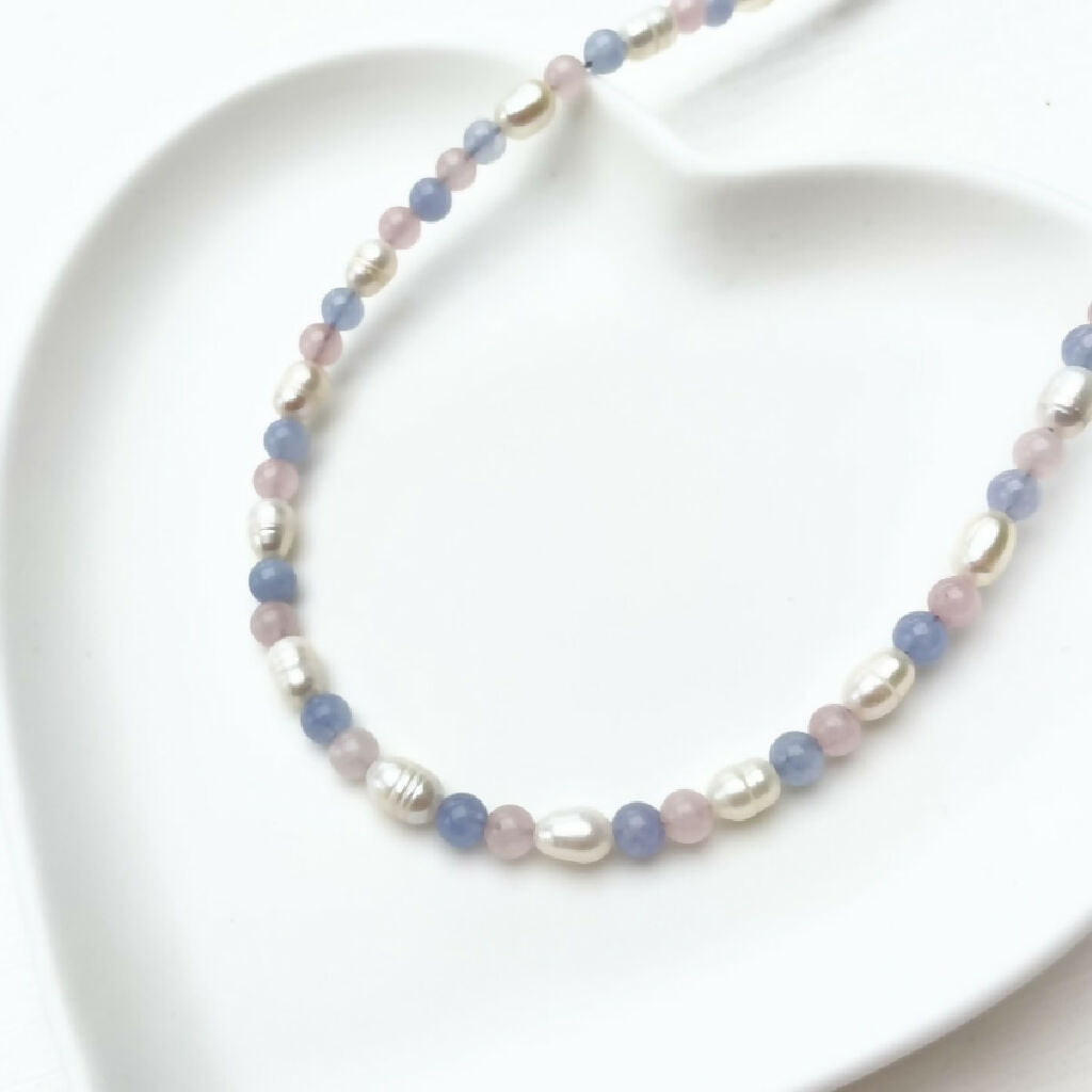 Rose Quartz, Amazonite & Freshwater Pearl Necklace