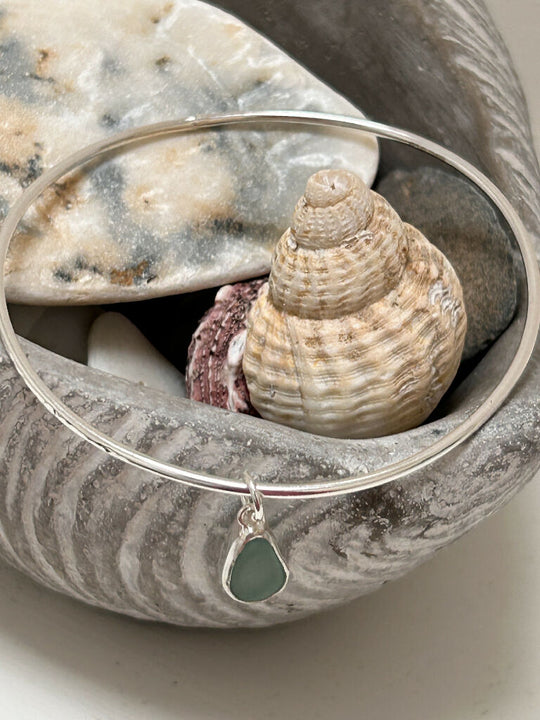 Aqua blue green seaglass silver stacking bangle