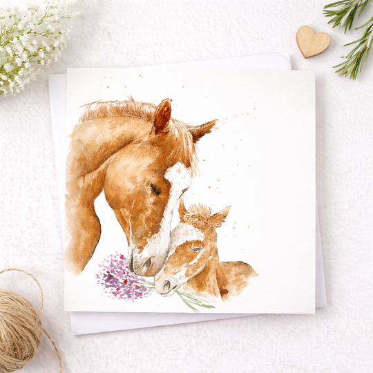 Horse and Foal Watercolour Card – Mothers Day Card, Equestrian Animal Mum Card
