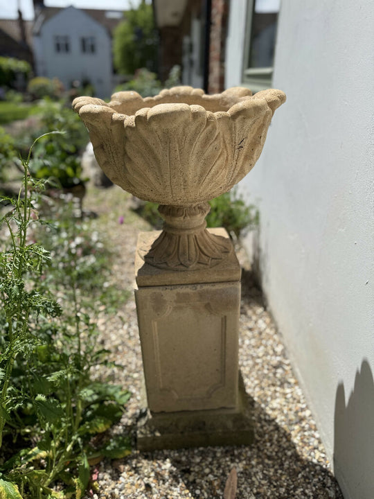 Vintage Cast Stone Garden Urn on Pedestal