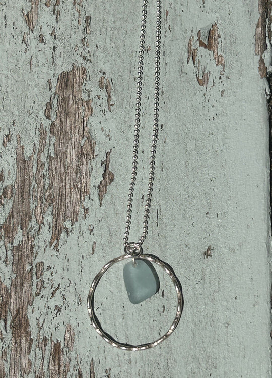 Wave eternity circle pendant & Blue seaglass necklace
