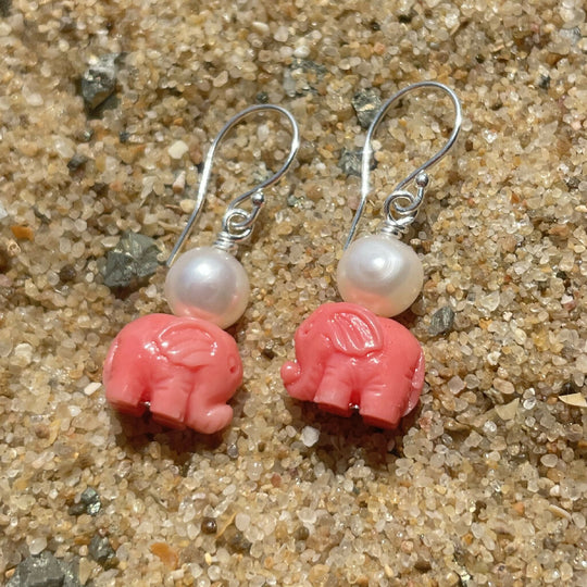 Coral Elephants Freshwater Pearls Sterling Silver Earrings
