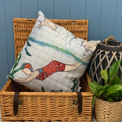 swimming at Plymouth cushion by Hannah Wisdom Textiles