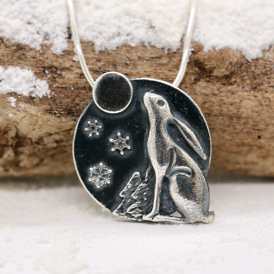 Silver Moongazing Winter Hare Necklace