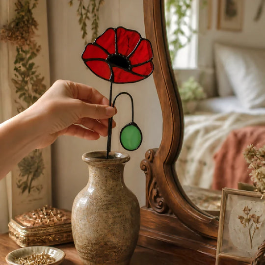 Classic Red Poppy Stained Glass Flower – Artisan Rippled Glass Petals