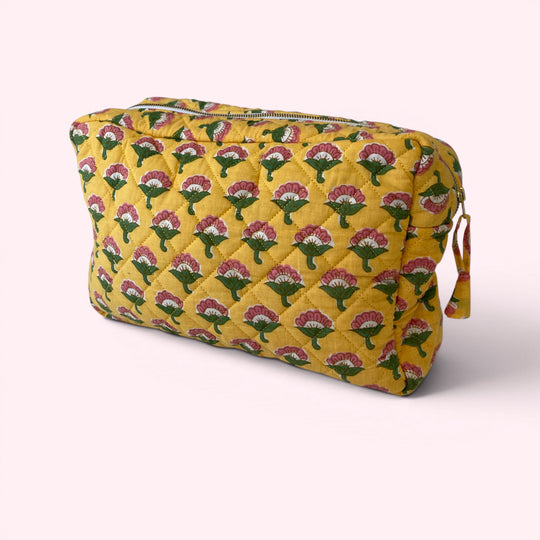 XL Toiletry Bag - Quilted Cotton Large Wash Bag in Yellow Flower Block Print
