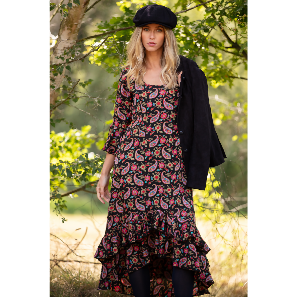 Victoria Midi Dress in Black Paisley