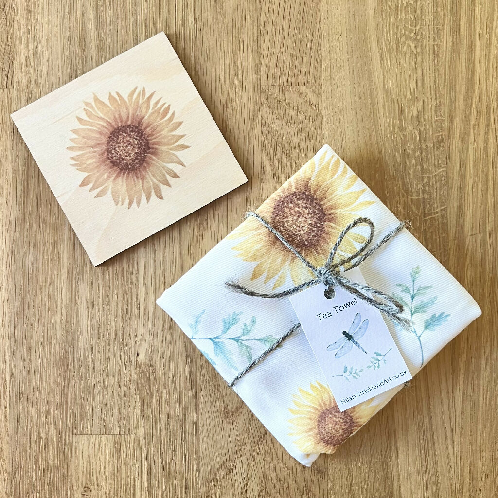 Sunflower tea towel and coaster