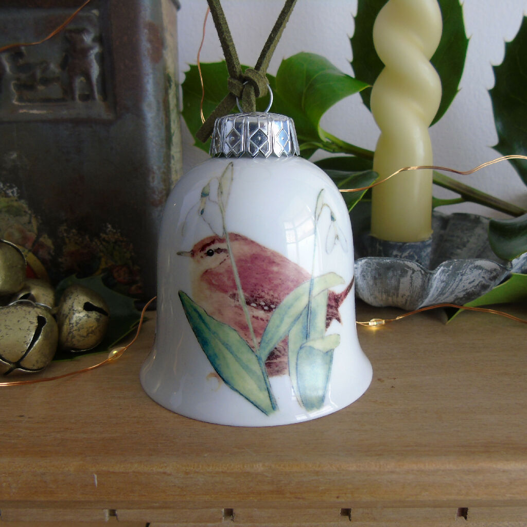 Wren and Snowdrops Fine Bone China Bell Decoration