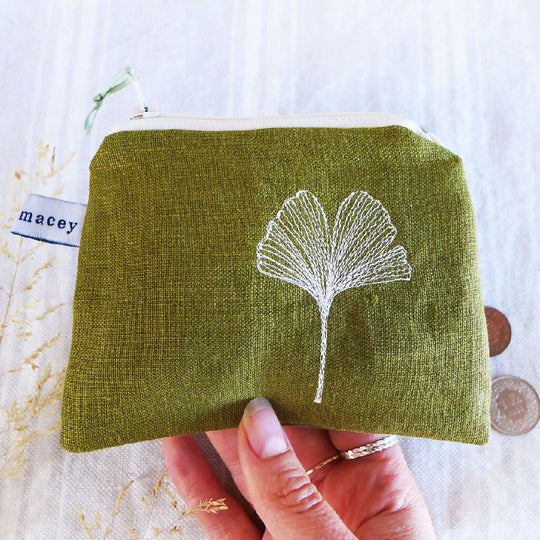 Embroidered Olive Linen Ginkgo Leaf Purse