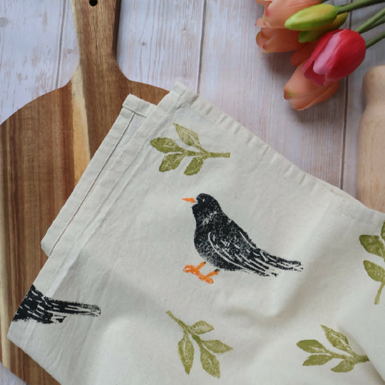 Hand printed Blackbird Tea Towel