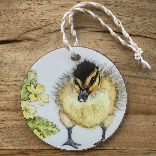 Spring Duckling and Primrose Wooden Hanging Decoration