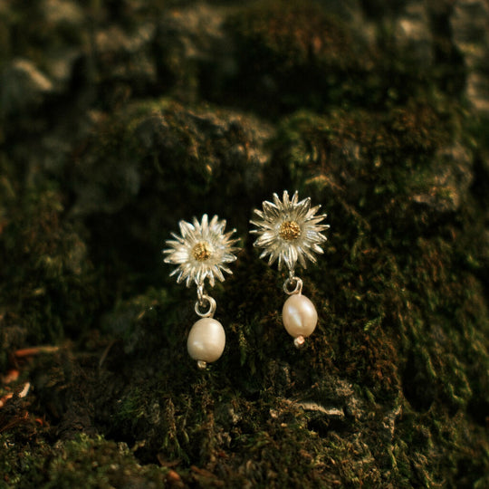 Sterling Silver Aster Flower Earrings With Pearls