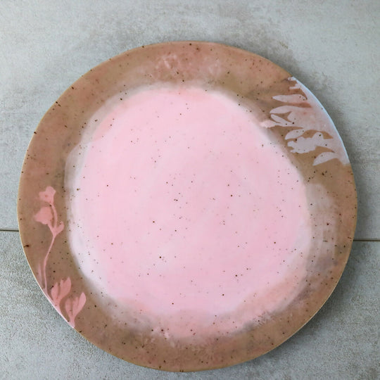 Handmade Stoneware Plate with Soft Pink Glaze and Botanical Motifs