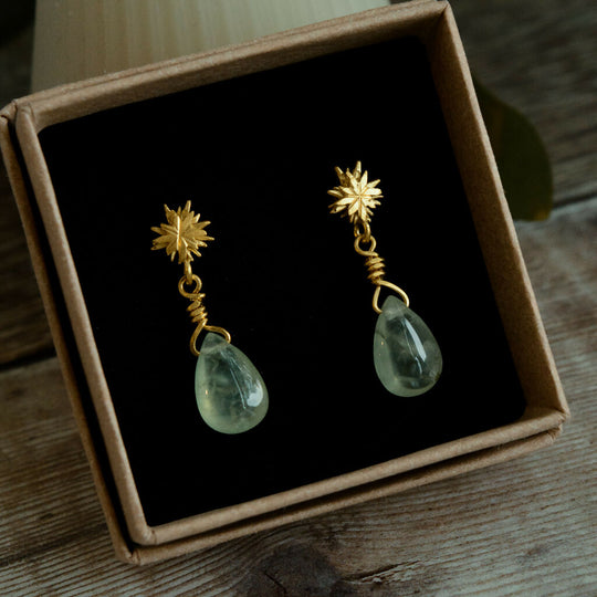 Gold Plated, Sterling Silver Stars Prehnite Drop Earrings