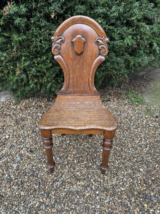 Victorian Carved Oak Hall Chair with Heraldic Back Rest. c1860 Antique.