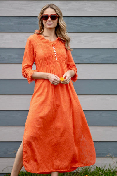 Cotton Annabel Maxi Dress in Hand Woven Hot Orange