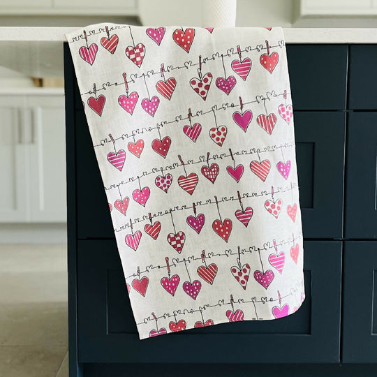 'Hearts on the Line' Linen Tea Towel