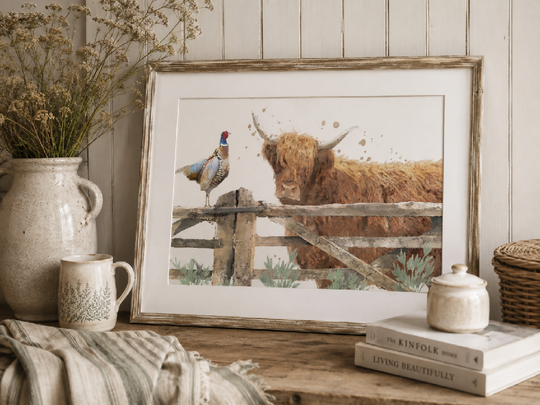 Watercolour Highland Cow & Pheasant Print