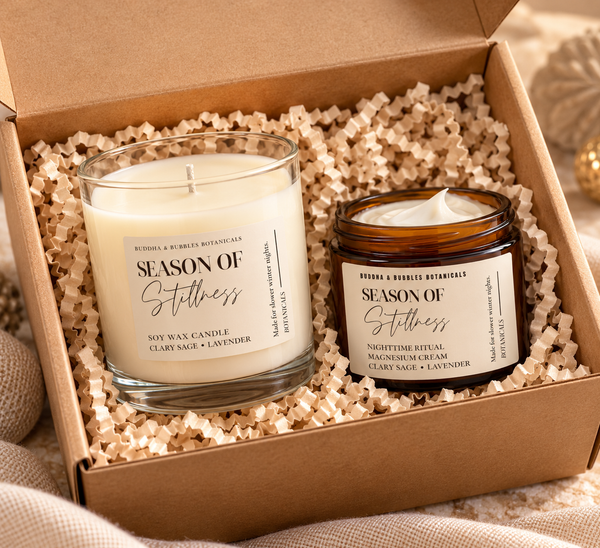 Season of Stillness Nighttime Ritual Gift Set | Magnesium Cream & Lavender Clary Sage Aromatherapy Soy Candle