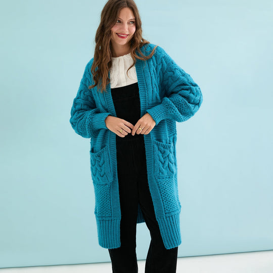 Alex Chunky Oversized Balloon Sleeve Cable Maxi Cardigan - Teal