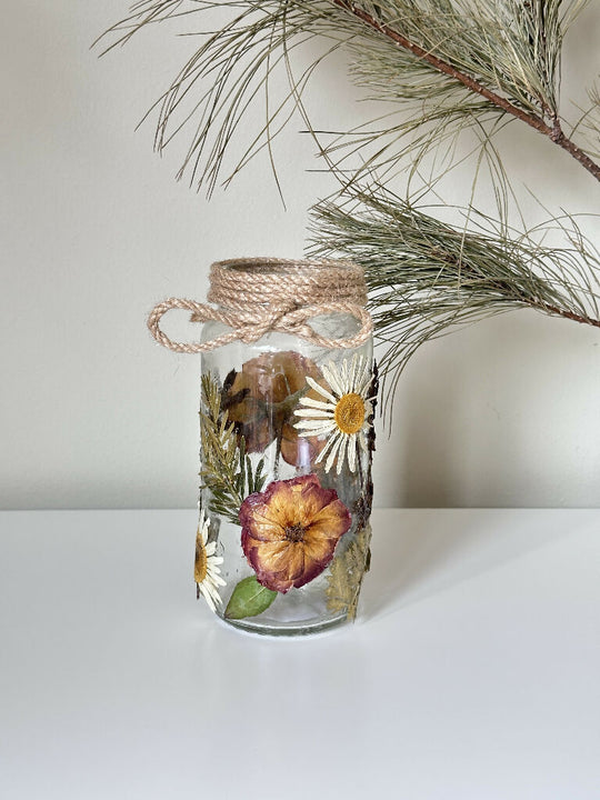 Tall Rustic Traditional Country Style Pressed Flower Glass Jar