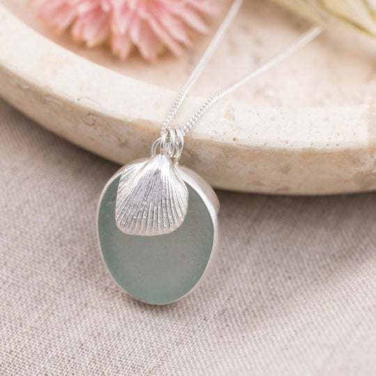 Silver Cockle Shell & Sea Glass Necklace