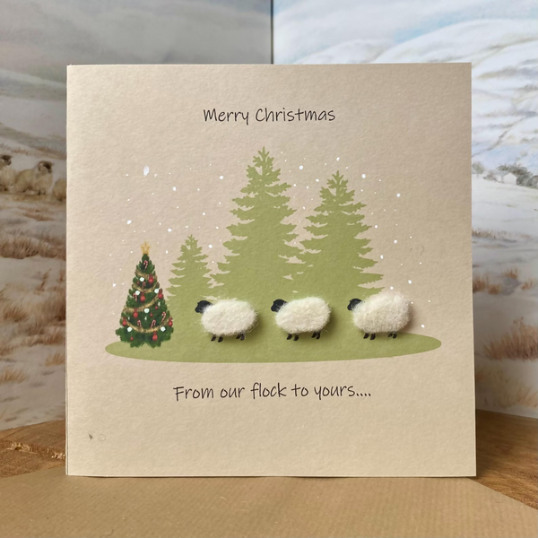 Country Christmas Card – Handmade Wool Sheep ‘From Our Flock to Yours’