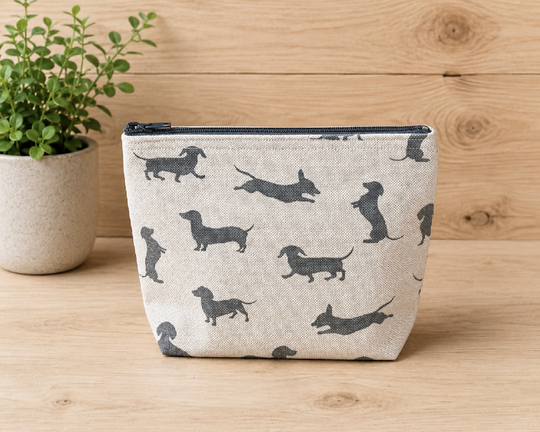 Handmade Fabric Purse – Grey Sausage Dog Design