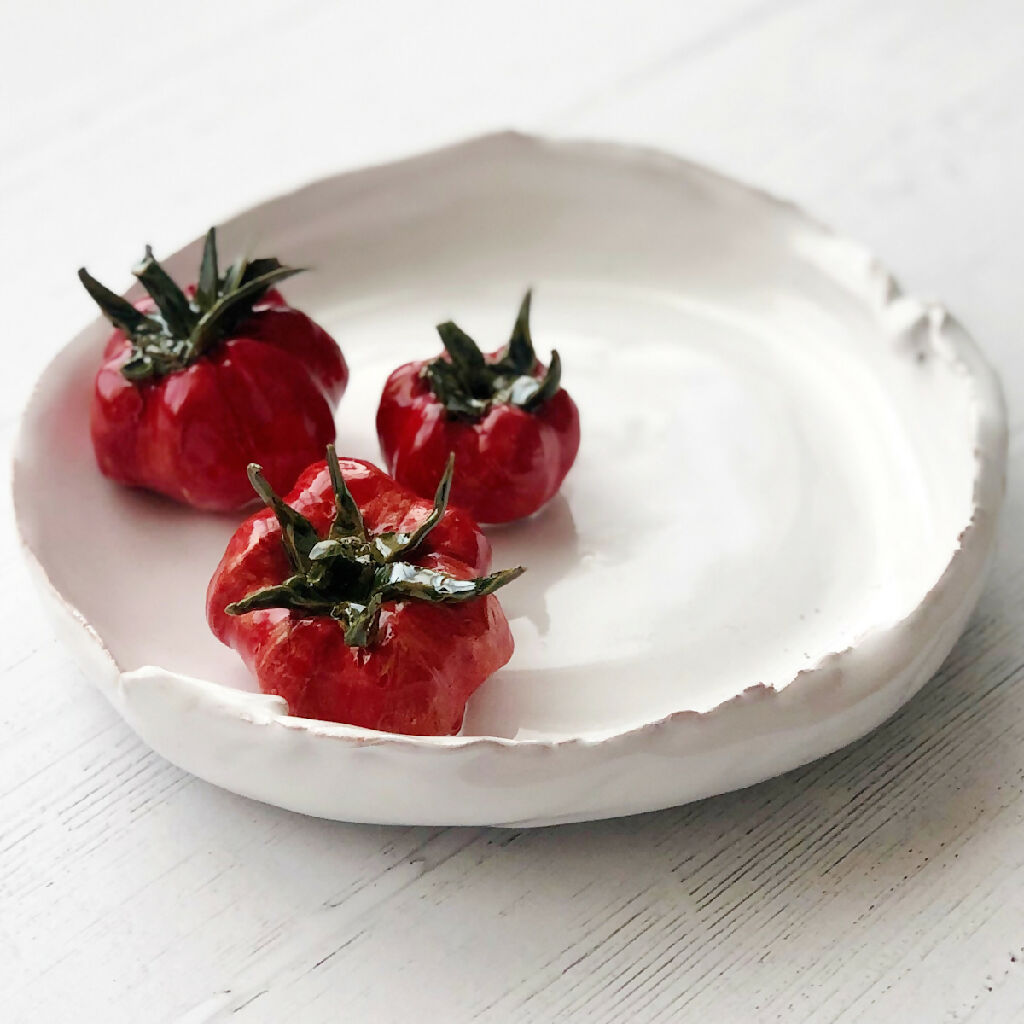 Handmade Ceramic Tomatoes on a Dish: Three Tomatoes on a Round Dish