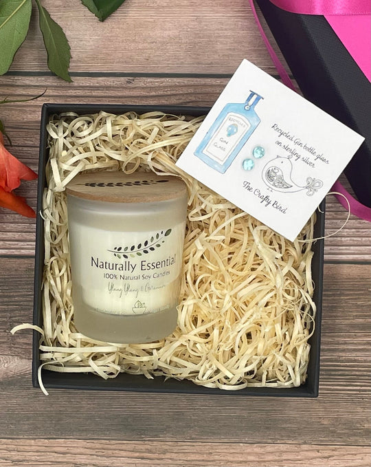 Recycled Gin Bottle Earrings & Candle Gift Box