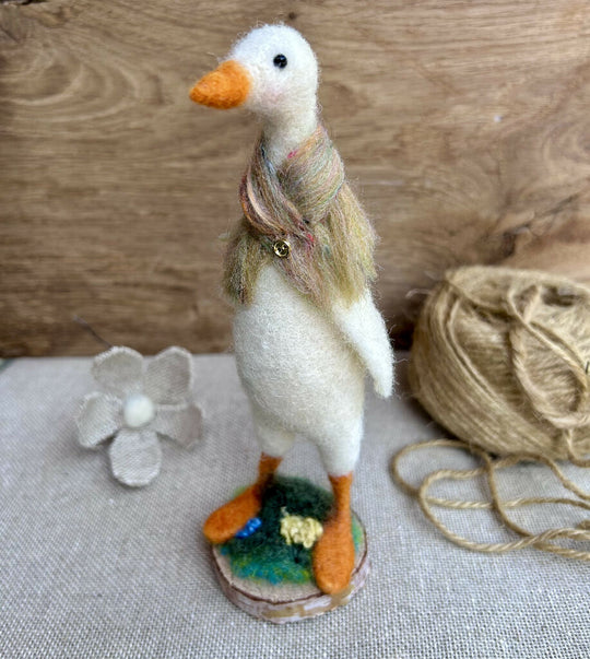 Whimsical Needle-Felted Standing Duck in Rainbow Scarf on Wooden Base