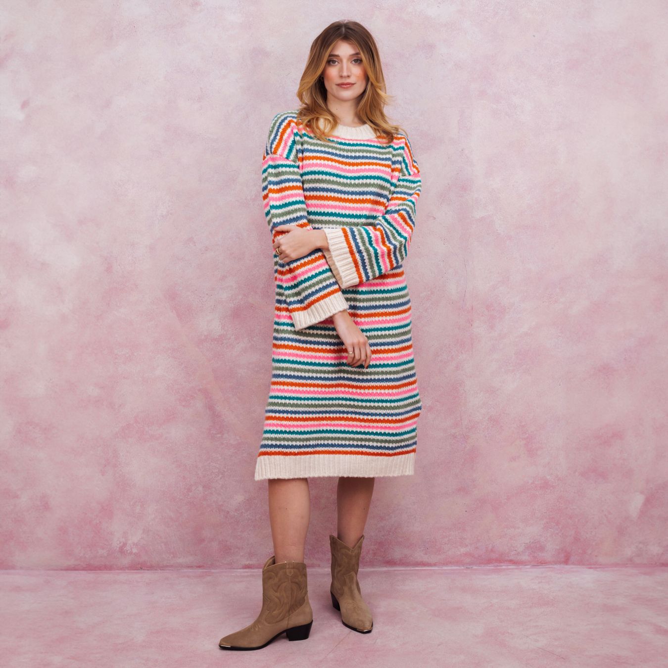 Becca Rainbow Stripe Knitted Midi Dress - Rainbow