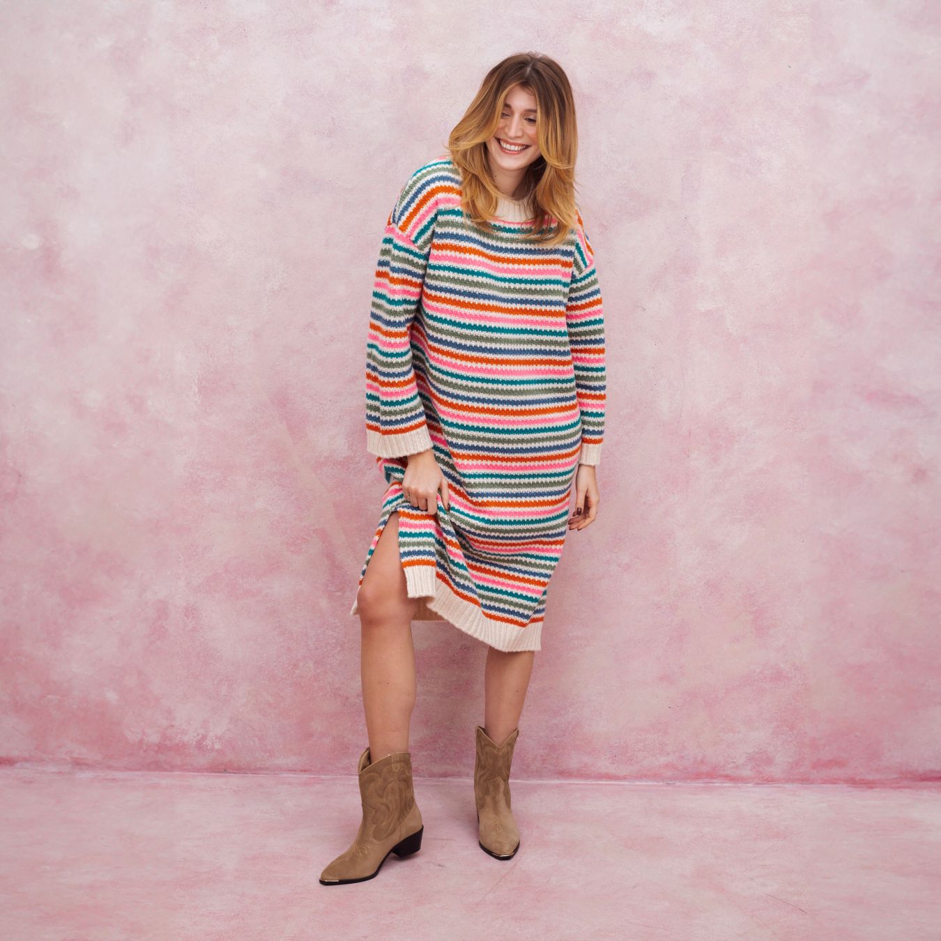 Becca Rainbow Stripe Knitted Midi Dress - Rainbow
