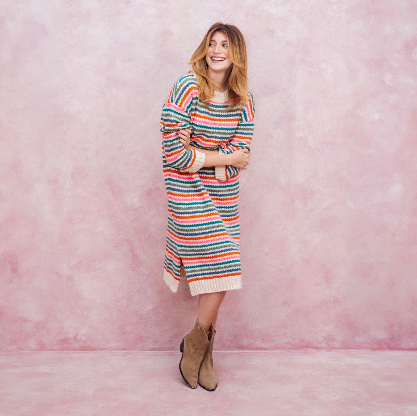 Becca Rainbow Stripe Knitted Midi Dress - Rainbow