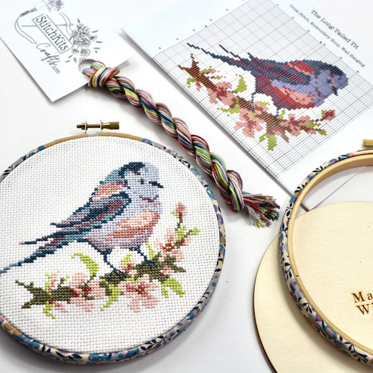 Long-tailed Tit with Pink Blossom , Cross Stitch Embroidery Hoop Wall Hanging Kit